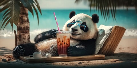 Fototapety  panda is on summer vacation at seaside resort and relaxing on summer beach Generative AI