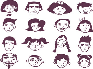 Doodle Emoji face set. Hand drawn sketch style vector illustration.