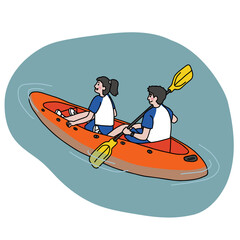 Couple playing kayak boat cartoon vector illustration minimal line art style