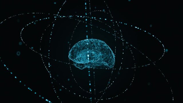 Motion graphic of Blue digital brain logo with particle ring circle rotation and ai technology icon on futuristic abstract background artificial intelligence technology and machine learning concepts