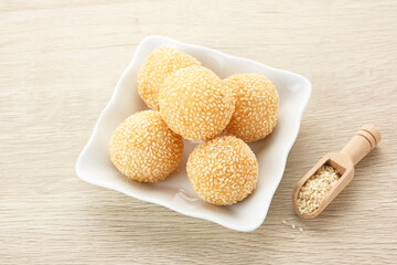 Onde-Onde, Indonesian traditional food, made from glutinous rice flour with beans pasta, wrapped in sesame seeds.
