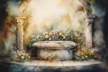 Fototapeta na wymiar Easter watercolor of Jesus' tomb, myrrh-bearing woman, lily wreath, & 