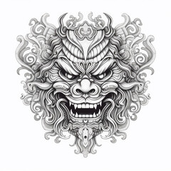 Black and white drawing of a japanese dragon Mask isolated on white. Tattoo idea for an ornamental mask in the style of Japan.