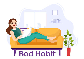 Bad Habit Vector Illustration with Unhealthy Lifestyle like Eating Fast Food or Alcohol Bottle in Flat Cartoon Hand Drawn Landing Page Templates