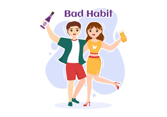 Bad Habit Vector Illustration with Unhealthy Lifestyle like Eating Fast Food or Alcohol Bottle in Flat Cartoon Hand Drawn Landing Page Templates