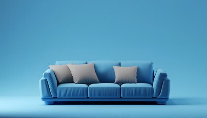 Fototapeta na wymiar 3D illustration, Cosiness, social media and sale concept, wallpaper, Modern minimalistic living room interior detail. Soft blue sofa on blue, background
