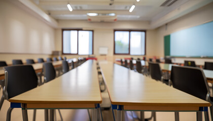 room, Blurred school classroom without students with empty chairs and tables, wallpaper, Business conference room, background, Empty defocused university classroom2.png, Ai Generate 