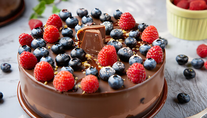 yogurt with berries, cheesecake with fresh berries, nuts and caramel. Selective focus, wallpaper, background, Chocolate dessert with raspberry and blueberry2.png 