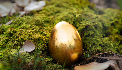 Golden egg in the moss, abandoned golden egg in the Forrest,wallpaper,background, texture ,bird egg, Ai generated 