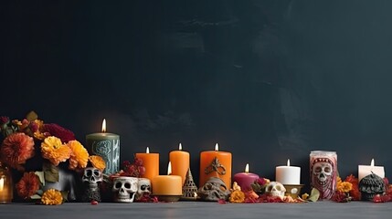Day of the Dead concept design of skulls, candles and flowers for banner background