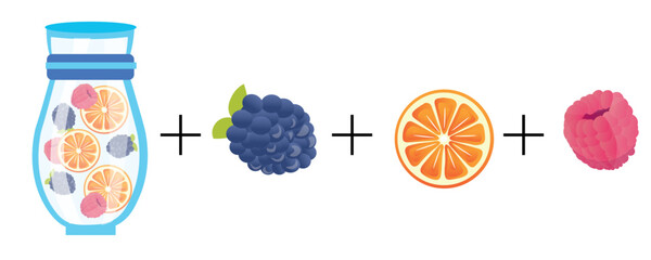 Jug of infused water and ingredients on white background