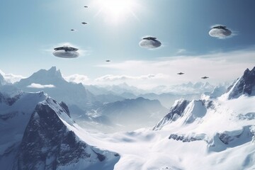 Naklejka na ściany i meble UFOs and spaceships flying above snowy terrain. Generative AI