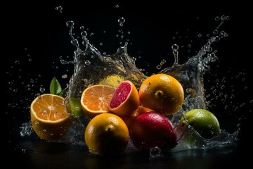 Fototapeta na wymiar Vibrant fruit drops into water, creating a splash on black background. Generative AI