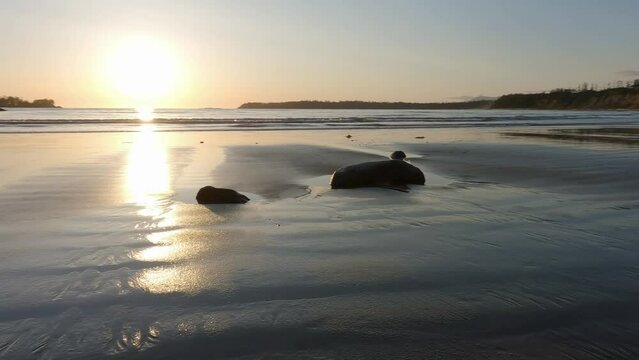 Sandy Beach on West Coast of Pacific Ocean at Sunset. Near Tofino and Ucluelet, Vancouver Island, BC, Canada. Canadian Nature Background. Cinematic