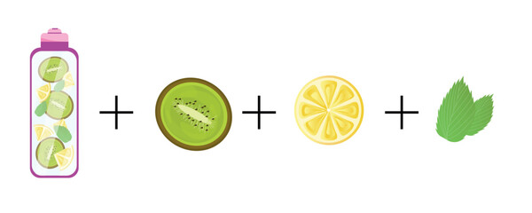 Bottle of infused water and ingredients on white background