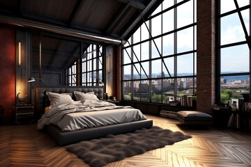Dark and luxurious loft-style master bedroom with king-size bed and minimalist design, generative AI
