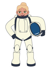 Female astronaut in space suit on white background