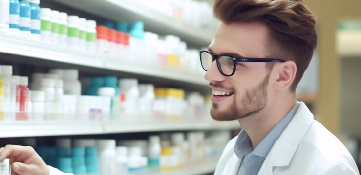 a male pharmacist stands near a counter with medicines in a pharmacy, ai