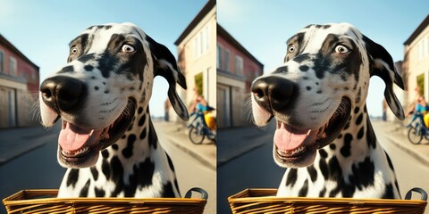 Great Dane dog have fun bicycle ride on sunshine day morning in summer on town street Generative AI - obrazy, fototapety, plakaty