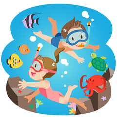 シュノーケルをつけて海で泳ぐ子供たち