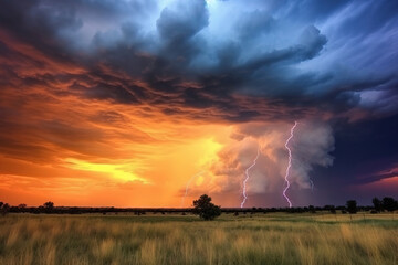 lightning storm on the countryside, landscape, storm, golden hour