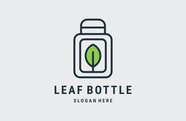 Bottle with leaf and organic nature fresh drink line art outline logo icon .