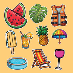 Set of Summer Pool Party Cute Sticker Illustration