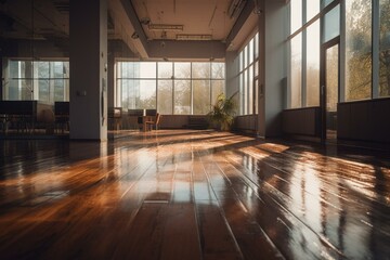 A vacant workplace space with polished wood flooring. Generative AI