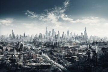 A panoramic urban skyline with a modern aesthetic and sketch-like effect. Generative AI