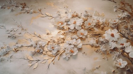 White flowers textured backdrops background with a lot of little ethereal florals, Chinese floral painting, white cream and tan colors with gold accents Generative AI 