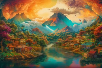 Fototapeta na wymiar Title of artwork: Meu mundo 703. A colorful and vibrant landscape painting. Generative AI
