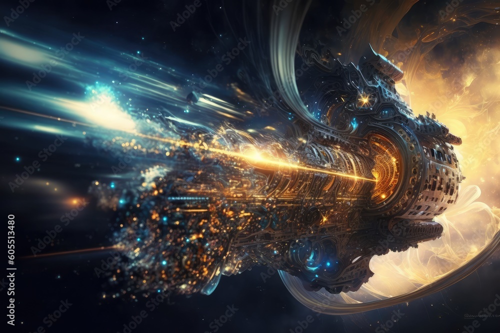 Poster gigantic spaceship travel into a quantum world. distinct generative ai image.
