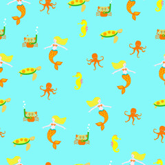 背景が水色のかわいい人魚とタツノオトシゴとウミガメなどの海の仲間のシームレスパターン