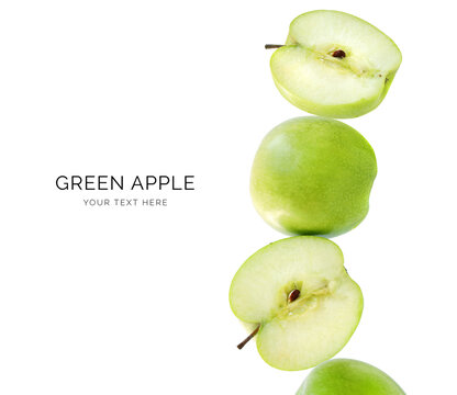 Creative layout made of green apple on white background. Flat lay. Food concept. Macro  concept.