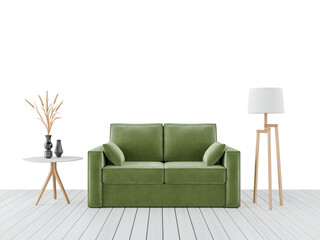 Free PNG a green sofa in a white room with floor lamp and table. Decorated home mockup with free...