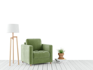 Free png a green chair in a white room with a lamp and a plant on a wooden table. Decorated home mockup with free space. 3d illustration, 3d rendering