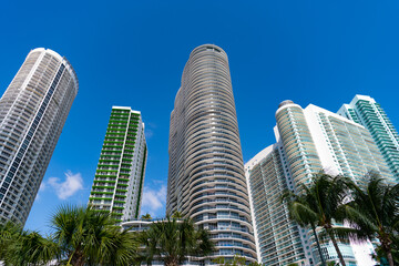 Fototapeta premium photo of majestic skyscraper architecture building. high skyscraper architecture on blue sky.