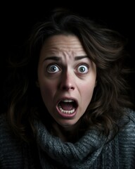 Scared woman facial expression. Terrified person isolated on black background. Generative AI illustration.