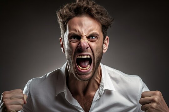 A person screaming of rage. Man yelling, open mouth mad face expression. Anger and frustration facial expression. Generative AI illustration. 