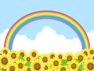 たくさんのひまわりと虹のかかる青空と白い雲の夏っぽいイラスト背景素材
