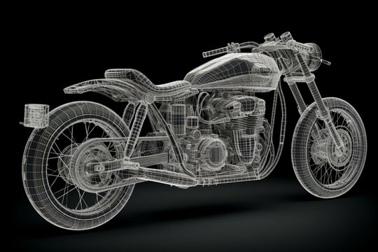 Wireframe model of motorcycle on gray background. Generative AI