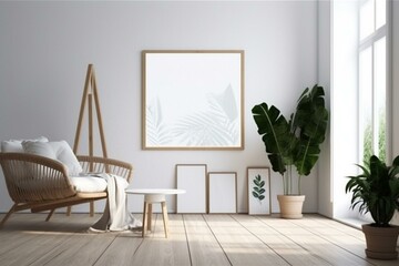 White living room with plants and decorations, featuring wooden frame leaning in 3D mockup. Generative AI