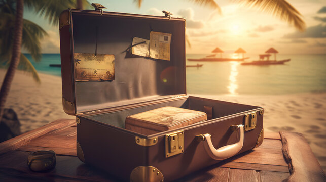 Luggage bag with hat and glasses for travel with beach background summer photo concept. Illustration of open suitcase with exotic destination. Generative AI