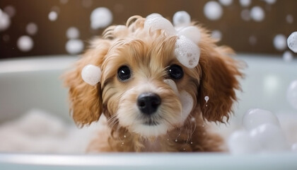 Pampered Pooch: An Adorable Puppy Finds Relaxation in the Bath, generative AI