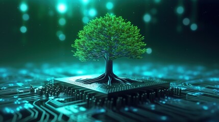 3D rendering of a green tree growing on the motherboard of a computer.Generative Ai