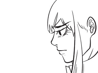 Long haired anime or manga japanese art styled outline black and white vector illustration isolated on horizontal white background. Simple flat outlined cartoon art styled drawing.