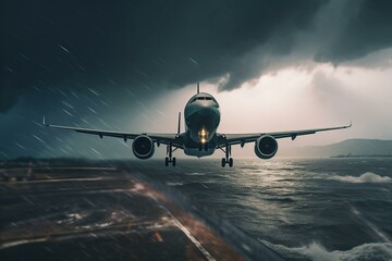 Fototapeta na wymiar Plane flying through stormy weather. Generative AI