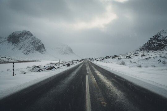 A wintry road in Norway's Lofoten Islands in the highlands. Generative AI