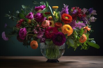 Vibrant bouquet in a vase. Lush hues, stunning blooms, gardening, indoor plants, perfect present, high-res art. Generative AI