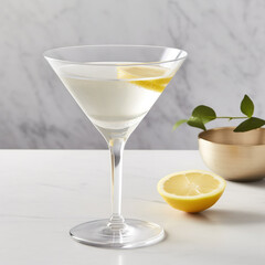 Vesper cocktail with a clean and minimalist aesthetic. Reverse Vesper Martini drink in a bar environment. Realistic 3D illustration. Generative AI